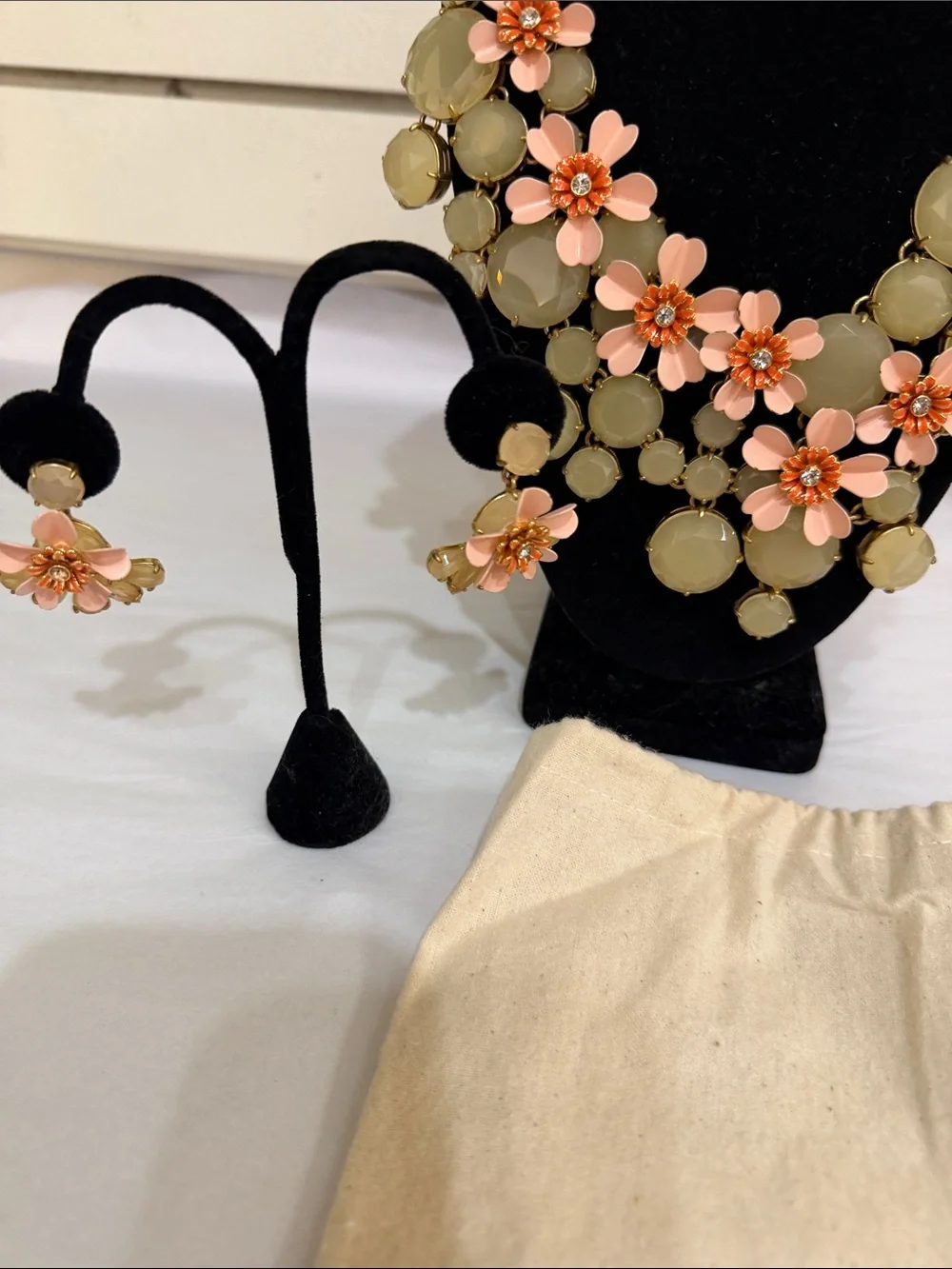 J. Crew Pink and Olive Floral Statement Necklace with Matching Earrings
